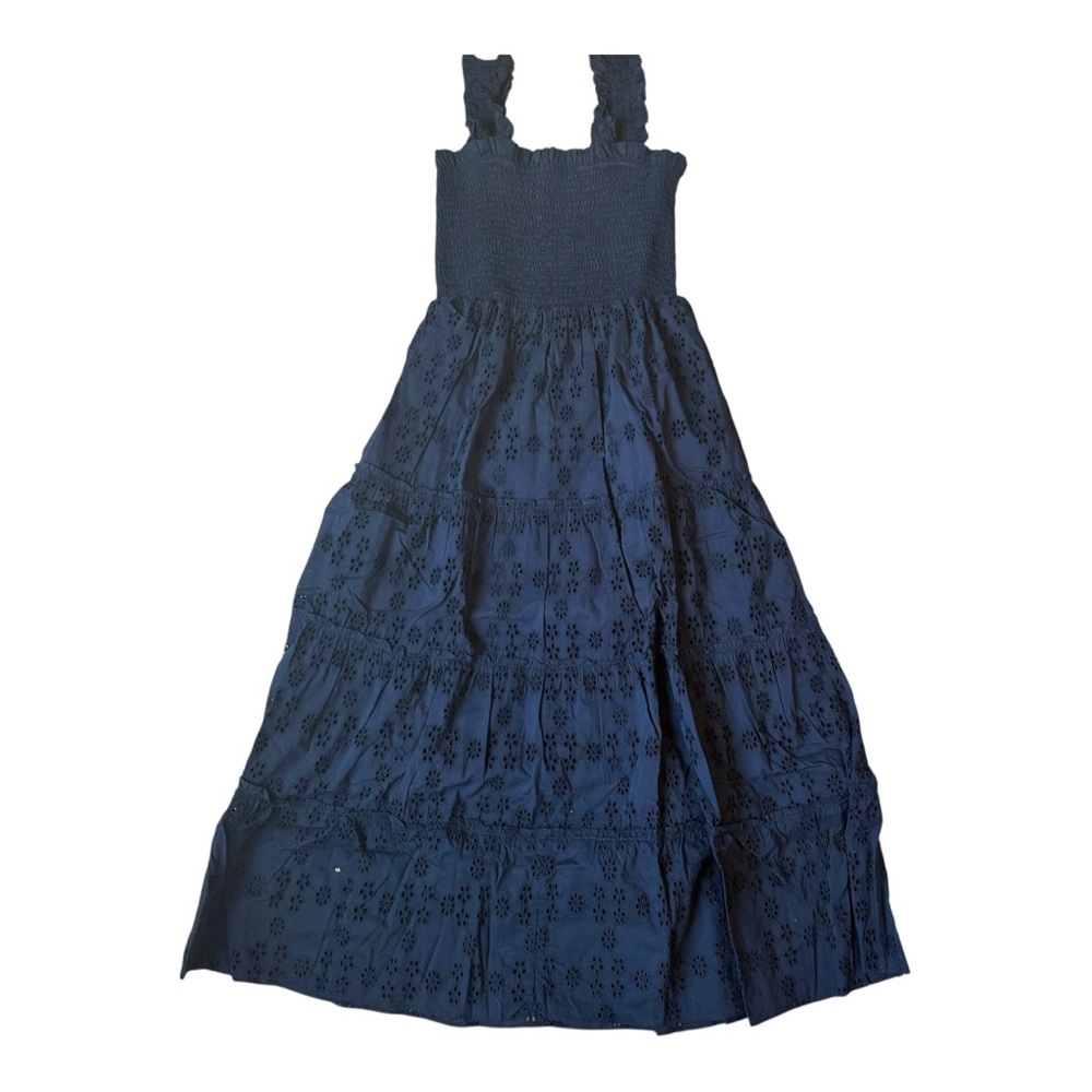 Quince 100% Organic Cotton Eyelet Smocked Midi Dress Sz M Deep Navy NEW - Picture 2 of 4